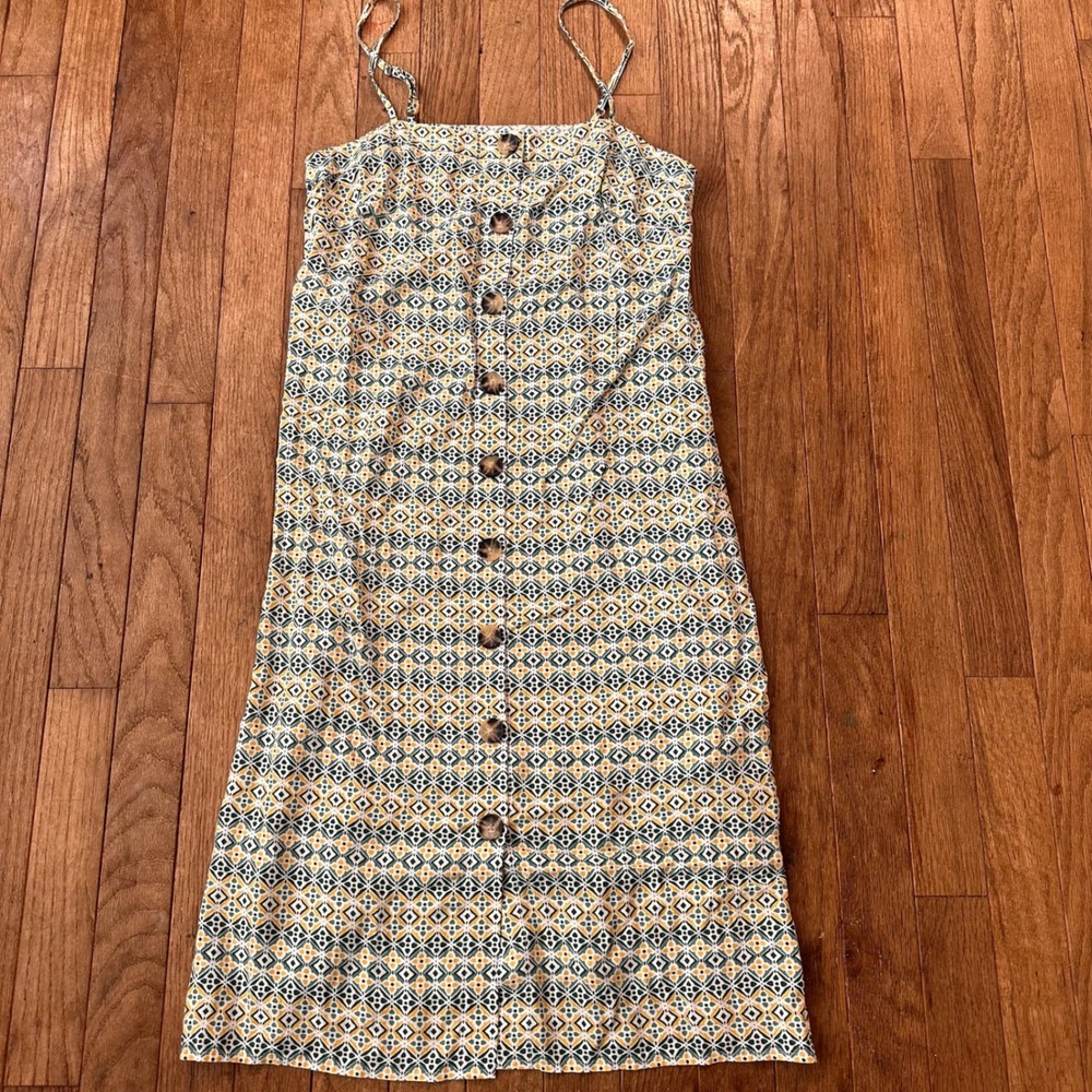 Loft Beach Sundress Women XS Geometric Button Front Yellow Green Casual Summer‎